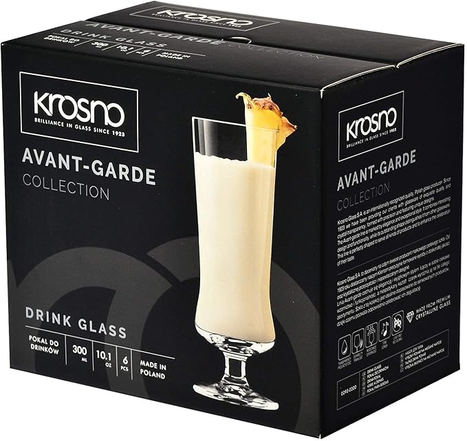 Krosno Cocktail & Long Drink Glasses, Set of 6, 10.1 oz, Avant-garde Collection – Pina Colada, Milkshake, Beer, Ice Cream, Cocktail Glass – Dishwasher Safe | Lead-Free Crystal Glass