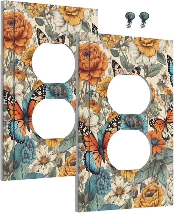 Outlet Covers Vintage Colorful Floral Butterfly Flowers 1 Gang Duplex Light Switch Cover Plate Decorative Wall Plates Electrical Switchplate Receptacle for Bathroom Bedroom Decor（2 Pack）