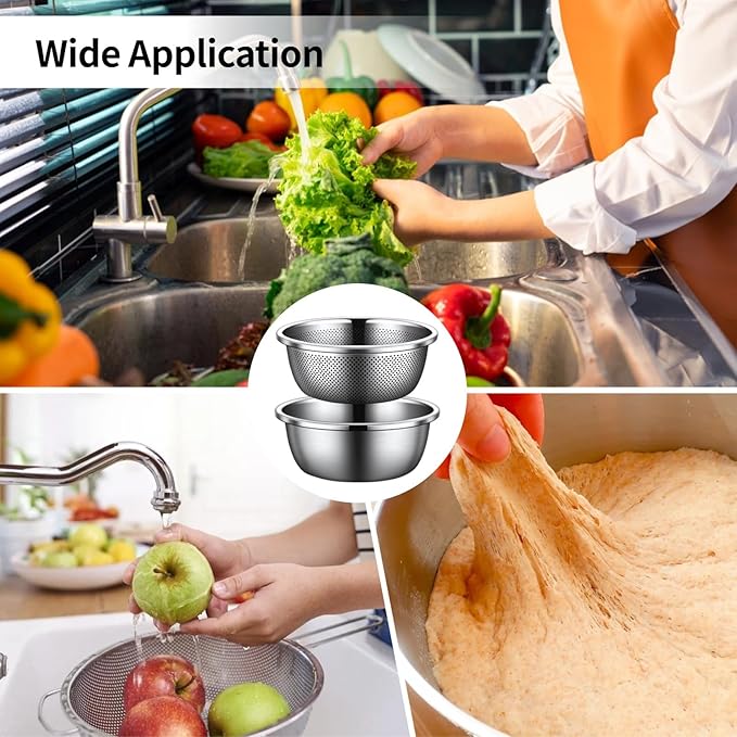 4 Pcs Stainless Steel Mixing Bowls Drain Basket, Set with Strainer, 24 cm/9.45 in and 30 cm/11.8 in Solid and Perforated Bowls, Rust-Resistant Kitchen Helper for Washing, Draining, and Filtering