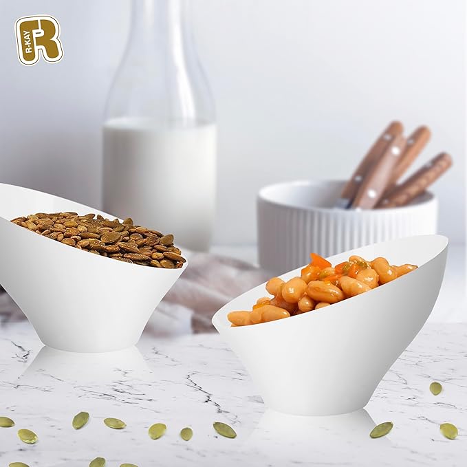 R-kay 6 Pack Angled White Candy Bowls - Plastic bowls 20 Oz - Premium Plastic Serving Bowls Disposable Heavy Duty For Weddings Catering, parties, And All Occasions (White, Medium)