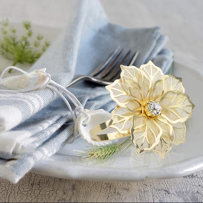 Picowe Set of 12 Alloy Napkin Rings with Hollow Out Flower Napkin Ring Holders for Wedding Party Holiday Banquet Christmas Dinner Delicate Serviette Buckles Decor Favor (Gold)