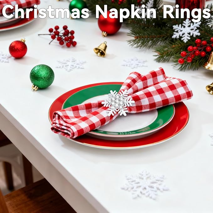 ZeeDix Set of 6 Christmas Snowflake Napkin Rings for Dinning Table Setting- White Rustic Dinner Tables Setting Decoration for Wedding Receptions, Christmas Holiday Party Dinner Parties