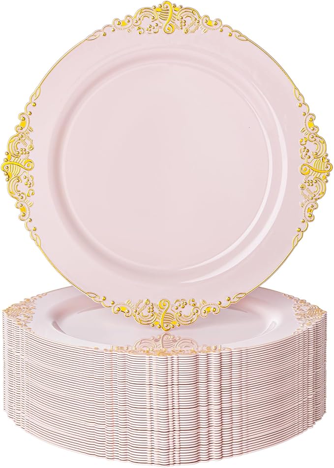 Nervure 100PCS Pink and Gold Plastic Plates - 10.25Inch Pink Disposable Plates - Plastic Dinner Plate for Weddings & Parties