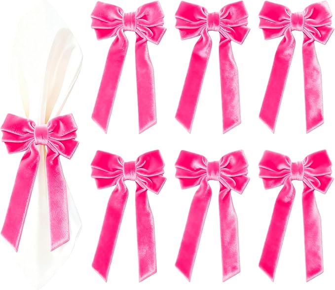 Bow Napkin Rings Set of 6 Luxury Soft Hot Pink Velvet Napkin Holders, Elegant Bow Design for Christmas Holiday Dinner Wedding Party Table Decor