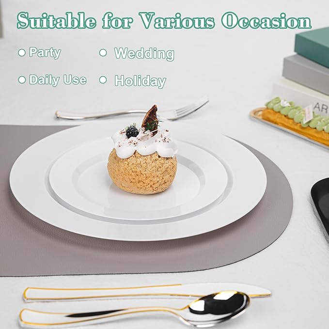 200PCS White Plastic Plates, Heavy Duty Plastic Plate Disposable, Include 100 Dinner and 100 Dessert Plates for Party and Wedding