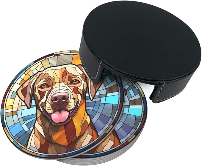 Drink Coaster Set of 6, Labrador Retriever Dog Mom Lover Gift,Leather Drink Coasters with Holder,6 Pack Cup/Bar/Drink Coasters for Table/Drinks/Coffee Protection Housewarming Gift