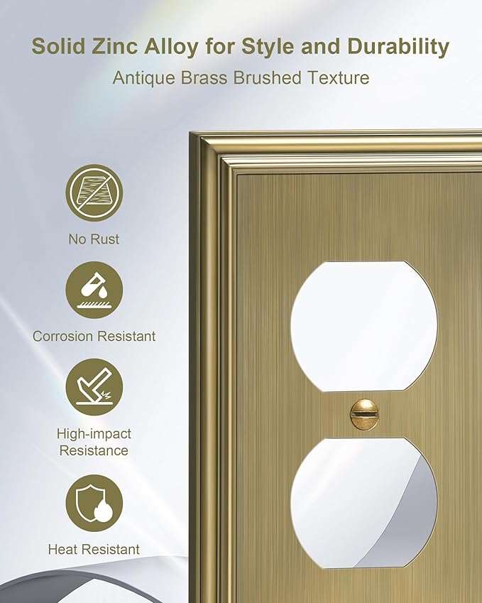 6-Pack Single Duplex Outlet Cover Plate, Decorative Antique Brass Switch Plates and Outlet Covers, Metal Wall Plates for Electrical Outlets, 1 Gang Receptacle Cover, Corrosion Resistant