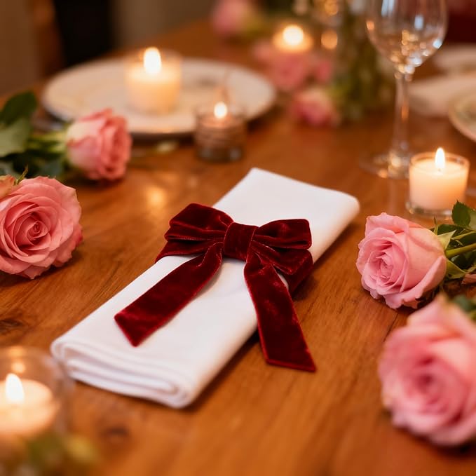 Bow Napkin Rings Set of 12 Luxury Soft Burgundy Velvet Napkin Holders, Elegant Bow Design for Christmas Holiday Dinner Wedding Party Table Decor