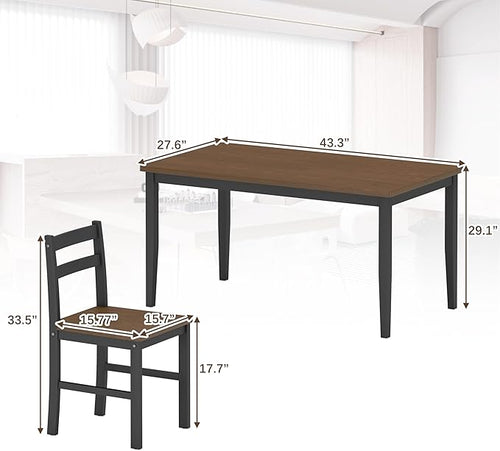 5 Piece Dining Table Set, Solid Wood Dining Table Set for 4, Farmhouse Table and 4 Chairs Set, 43.3'' Rectangular Kitchen Table Set for 4, Brown & Black
