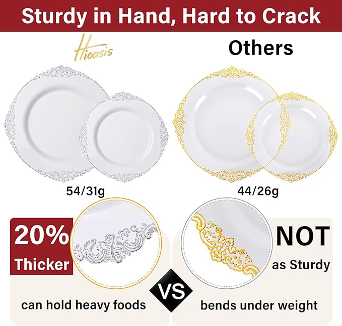 Hioasis 210pcs White and Silver Plates - White Party Plates for 30 Guest, Include 60 Heavy-duty Plates(20% Thicker Than Standard), 30 Pre Rolled silver Plastic Silverware Set, 30 Cups