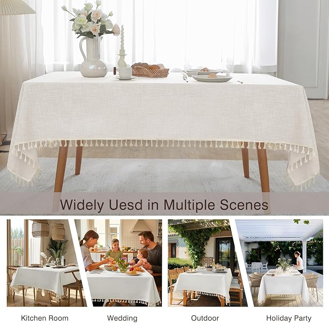 JIALE Textured Tablecloths, Heavy Duty Cotton Linen Farmhouse Table Cloth Rectangle Table, Waterproof Wrinkle-Free Rectangle Tablecloth for Kitchen, Dining, Parties, 55"x75", Ivory
