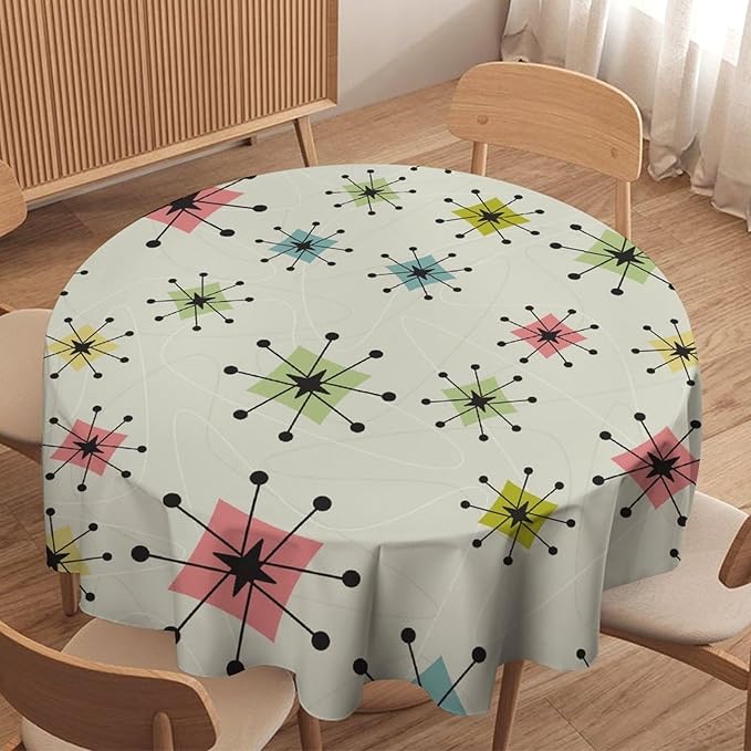 Retro Mid Century Round Tablecloth, Vintage Modern Colorful Abstract Geometric Art Bohemian Tablecloth for Home Party Dining Room Kitchen Decor 50Inch(127cm)