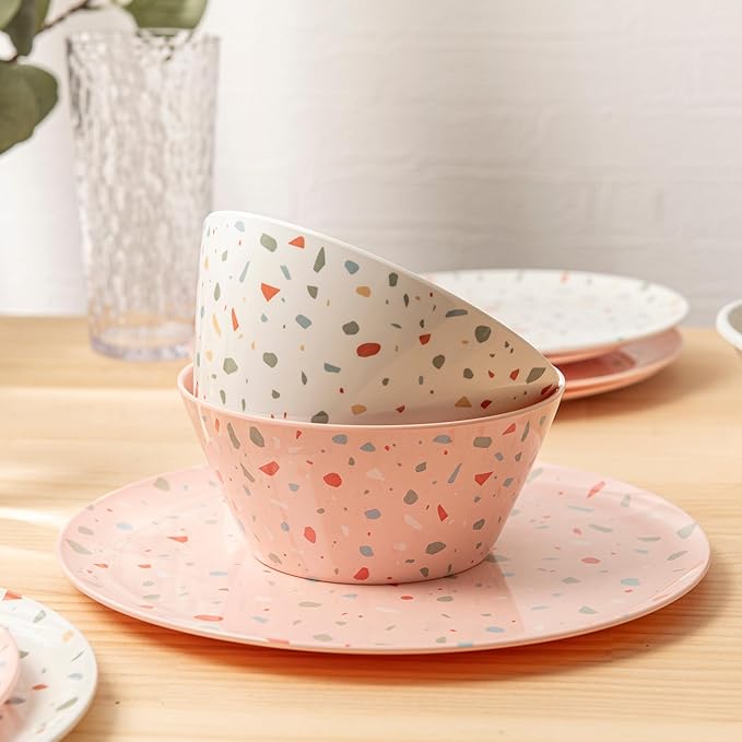 Bzyoo 12-Piece Melamine Dinnerware Set - White Confetti | Lightweight, Durable, BPA-Free | Dishwasher Safe Dish Set for Indoor & Outdoor Use - Perfect for Camping, BBQs, Kids Parties