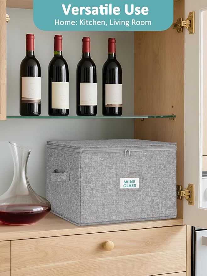 Cirhy Wine Glass Storage Box Hard Shell, 10'' Tall Stemware Storage Containers for Moving, Holds 24 Crystal Glasses & Flutes, Stackable Glassware Chest with Dividers, Grey (2-Pack)