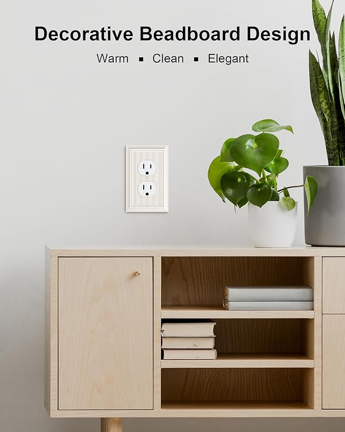 4-Pack Classic Beadboard Duplex Outlet Cover Plate, Decorative Light Almond Switch Plates and Outlet Covers, Natural Bamboo Fiber Wall Plates for Electrical Outlets, 1 Gang Receptacle Cover