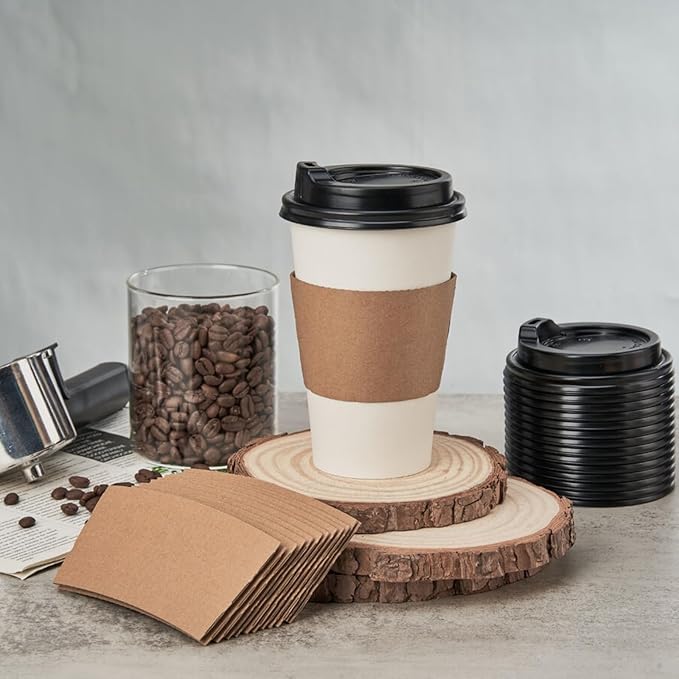 RACETOP 100 Pack Disposable Paper Coffee Cups with Lids & Sleeves, 16 oz, for Party, Church, Travel and Home