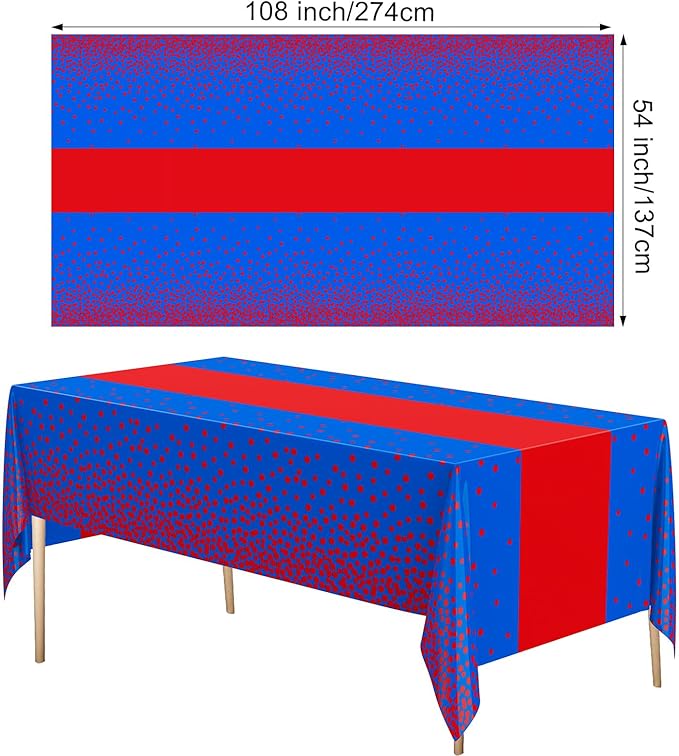 Oudain 6 Pcs Blue and Red Tablecloth for Parties Plastic Dot Tablecloths Printed Table Runner Waterproof Disposable Rectangle Table Cover for Christmas Birthday Wedding Party, 54" x 108"