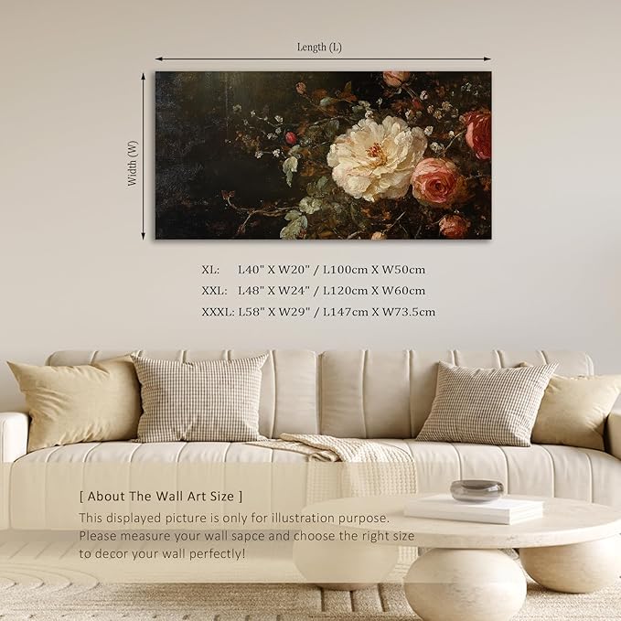 ADJUVANT Wall Art Vintage Peony And Rose Bouquet 48"L x 24"W, White Peony With Pink Roses Canvas Painting Elegant Floral Artwork Prints Botanic Wall Decor for Living Room Bedroom Dining Room Home Office