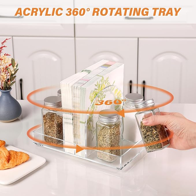 Acrylic Napkin Holder, Rotating Clear Napkin Dispenser for Salt and Pepper Holder Tray, Acrylic Tissue Box for Dining Table Decor, Kitchen, Bar, Restaurant