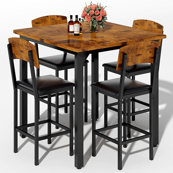 AWQM 5-Piece Dining Table Set, Dining Table Set for 4, Counter Height Table & 4 Bar Stools, Modern Kitchen Dining Set, with Upholstered Chairs, Compact Dining Set for Small Spaces (Walnut Color)