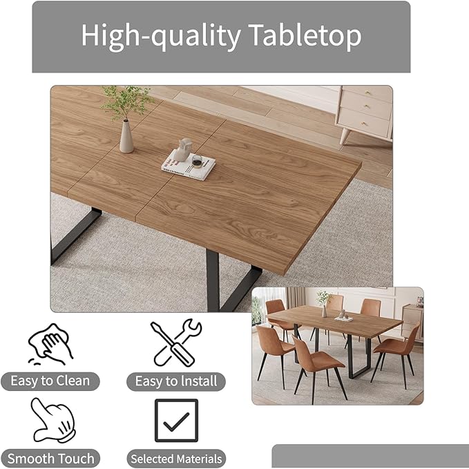 ZckyCine 67" Expandable Walnut Dining Table and 6 Upholstered Chairs, 7-Piece Dining Room Furniture Set, Mid-Century Modern Style for Home, Dining Room and Kitchen