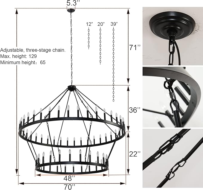 70 Inch Extra Large Wagon Wheel Chandelier 2 Tier 64-Lights Black Farmhouse Pendant Light Fixture, Round Rustic Hanging Lighting for Outdoor Porch high Ceilings Living Dining Room Foyer Entryway