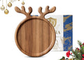 Acacia Wood Christmas Serving Platter with Antler Handle, 8"×10" Round Wooden Food Dish Plate, Decorative Charcuterie Board for Cheese Bread, Christmas Platter for Housewarming Decro Wedding