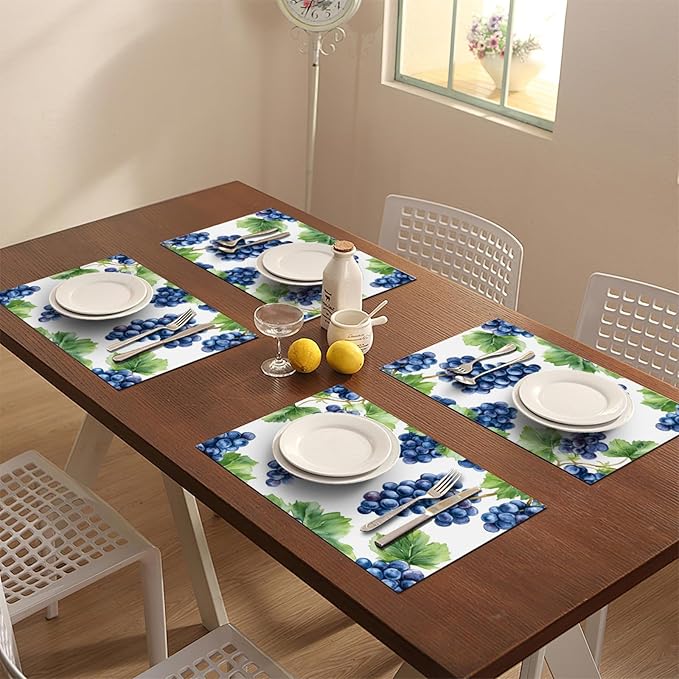 Grape Placemats Set of 4, Blue Grapes Place Mats, Fruit Waterproof Washable Table Mats for Home Party Indoor Kitchen Dining Table Decoration 12x18 Inch