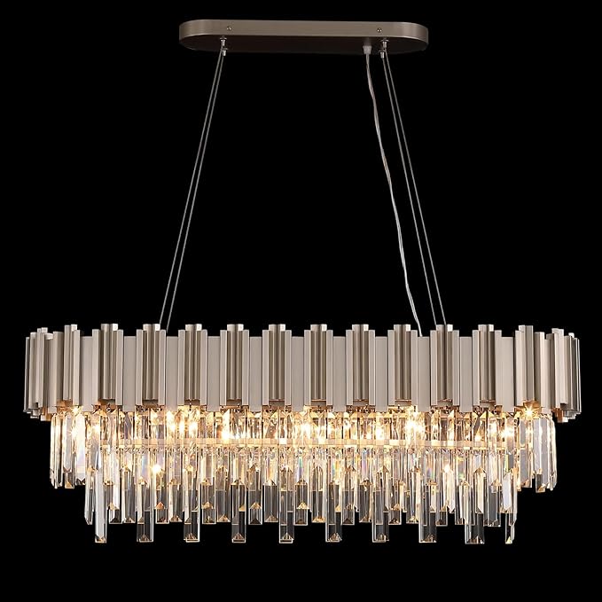 L35.4 Linear Modern Crystal Chandeliers Luxury Nickel Rectangle Chandelier for Dining Room Contemporary Oval Raindrop Pendant Ceiling Light Fixture for Kitchen Island Entryway Foyer 10 Lights