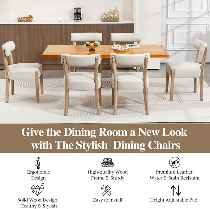 Modern Dining Chairs Set of 6 – Mid-Century Modern Faux Leather Upholstered Kitchen & Dining Room Chairs with Curved Back, Oversized Rounded Seat, Sturdy Wood Frame, Beige