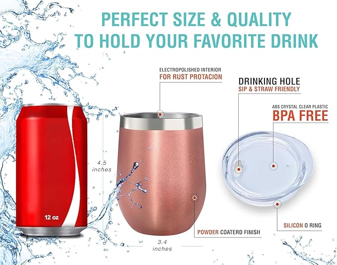 CHILLOUT LIFE 12 oz Stainless Steel Wine Tumblers 2 Pack & 1 Insulated Wine Bottle - Double Wall Vacuum Insulated Wine Glasses Cups with Lids and Straws Set Keeping Cold & Hot Gift Set - Rose Gold