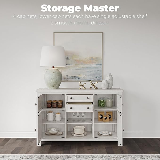 Signature Design by Ashley Robbinsdale Casual 4-Door Dining Server with Adjustable Shelves and Felt-Lined Drawers, White