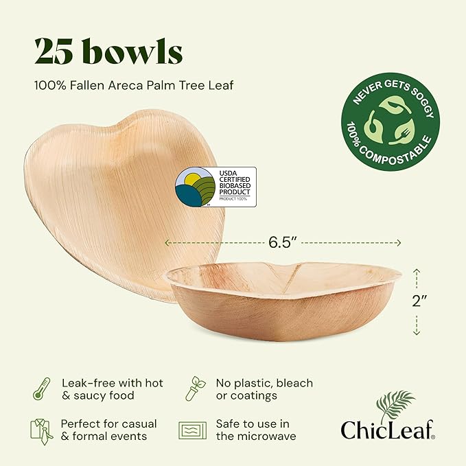 Chic Leaf Palm Leaf Bowls - Mini Disposable Heart Shaped Bamboo Style Plates - Paper Plates Alternative for Weddings & Parties - Compostable, Bridal Shower & Romantic Dinner for 2 (6.5'' - 25 Pack)