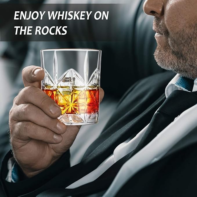 Whiskey Glass, Whiskey Glasses Set of 4, 10 oz Thick Bottom Old Fashioned Rock Glasses for Men, Father's Day, Premium Whisky Gifts for Bourbon, Scotch, Cocktail(Glass Set 4)
