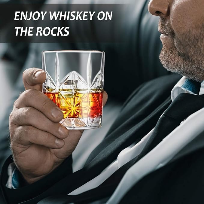 Whiskey Glass Set of 2, 10 oz Crystal Whiskey Glasses Thick Bottom Bourbon Gifts for Men, Old Fashioned Rocks Glasses Tumbler for Scotch, Cocktail, Father's Day Gifts for Men (Glass Set 2)