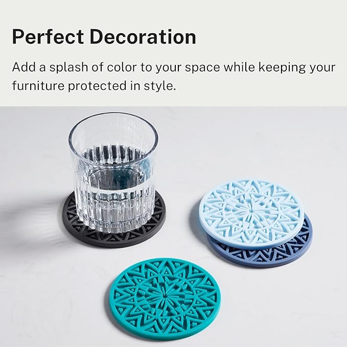 Set of 6 Black Silicone Coasters with Holder, Drink Coasters with Tribal Pattern Shape- for Table Protection, Anti Slip, Nonstick, Heat Resistant, Deep Tray