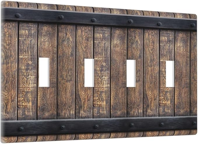 Light Switch Cover Rustic Barn Door Vintage Country Wood Board 4 Gang Switch Plate Quad Toggle Wall Plates Decorative Switchplate Electrical Outlet Cover for Farmhouse Cabin Decor