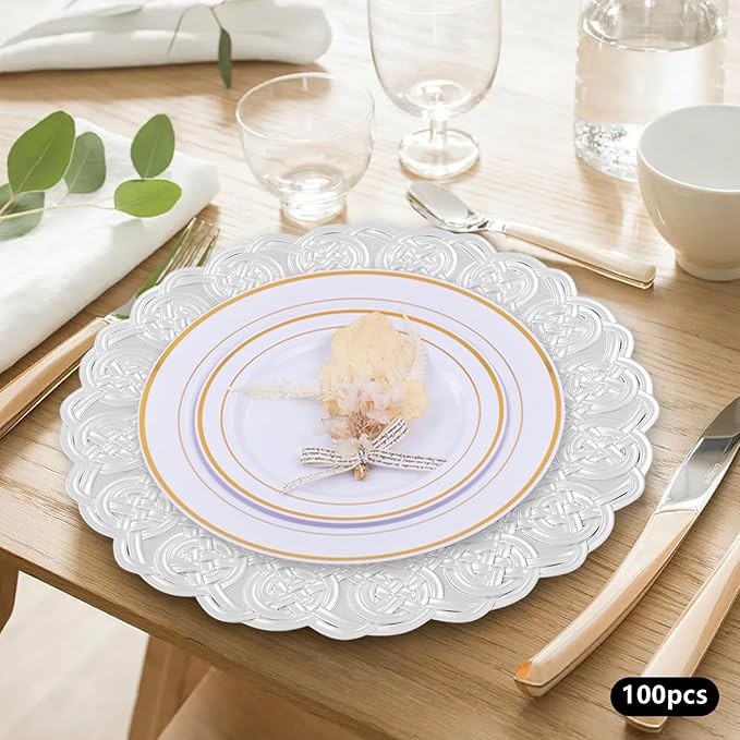 100 Pcs Antique Charger Plates Bulk, 13in Reusable Serving Plates Embossed Rim Plastic Party Dinner Plate Chargers Round Decorative Server Plate for Wedding Party Event Tableware
