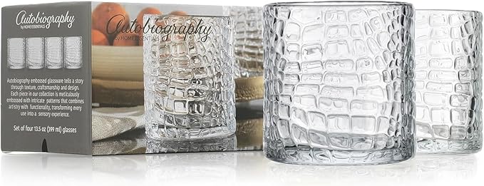 Glaver's DOF Set of 4 Clear 13oz Drinking Glasses Patent Crackle Textured Design Double Old Fashioned Whiskey Glasses Home Everyday Bar Glassware