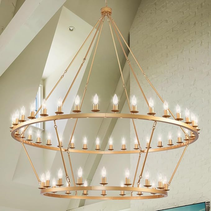 60 Inch Gold Extra Large Wagon Wheel Chandelier, 2 Tier 54-Lights Farmhouse Industrial Round High Ceiling Pendant Light Adjustable Chain, for Dining Room, Living Room
