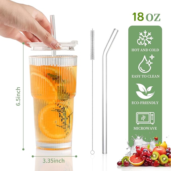 Glass Cups with Lids and Straws - 18oz Glass Tumbler with Straw and Lid, Premium Coffee Cups for Tea, Iced Coffee, Smoothie，Ideal Gift for Home, Office, 4 Pack