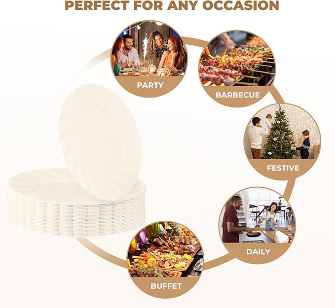 U-QE 25 Count Ivory Christmas Plastic Plates - 15.6 inch Oval Plates Disposable Plates Heavy Duty For Big Eaters, Ivory Disposable Platters Ideal for Christmas, Party, Picnic and Weddings