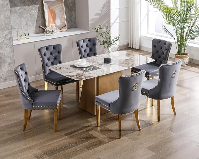 KCC Velvet Dining Chairs Set of 2, Upholstered High-end Tufted Dining Chair with Nailhead Back Ring Pull Trim Stainless Steel Legs, Contemporary Nikki Collection Modern Style for Kitchen, Dark Gray