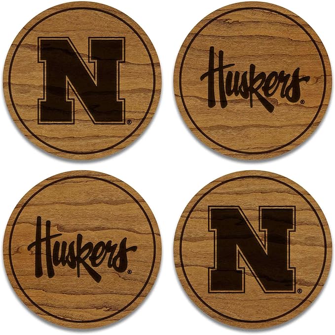 LazerEdge Nebraska Huskers Wooden Coaster Set - Cherry Wood - Officially Licensed Product - 4-Pack