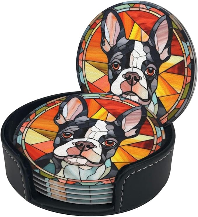 Drink Coaster Set of 6, Boston Terrier Dog Mom Lover Gift,Leather Drink Coasters with Holder,6 Pack Cup/Bar/Drink Coasters for Table/Drinks/Coffee Protection Housewarming Gift