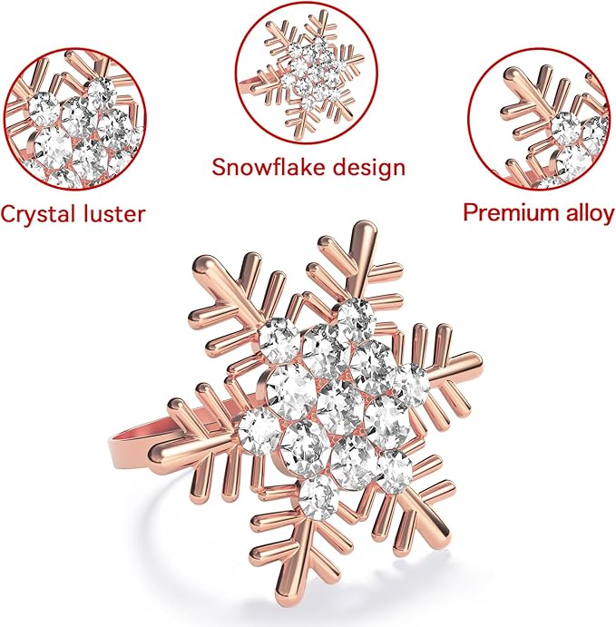 ZeeDix Christmas Snowflake Napkin Rings Set of 6- Rose Gold Rustic Dinner Tables Setting Decoration for Wedding Receptions, Christmas Holiday Party Dinner Parties