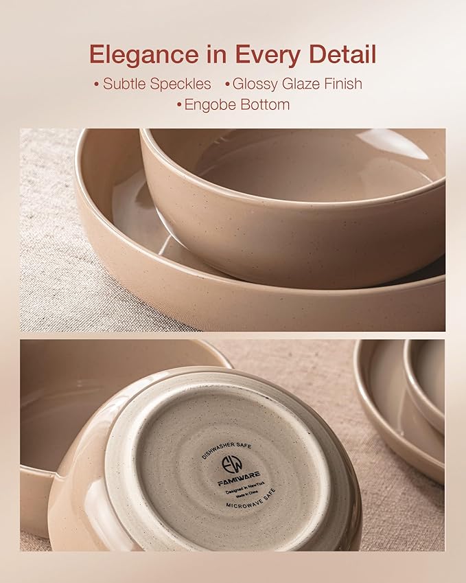 Famiware Milkyway Stoneware Dinnerware Sets with Mugs, Service for 4 (16pcs), Plates and Bowls Sets, Scratch Resistant, Microwave and Dishwasher Safe Dishes Set, Cinnamon Brown