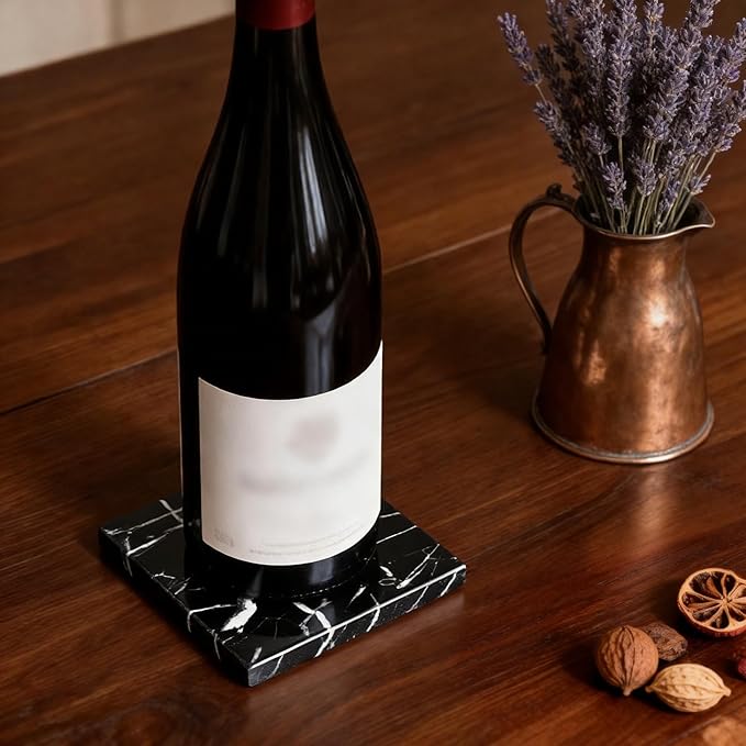 Natural Marble Coasters, Square Costers, Luxury Aesthetic Modern Decor for Coffee Table Bar Kitchen Home, Black Marble, Real Natural Semi Absorbent Stone Coasters