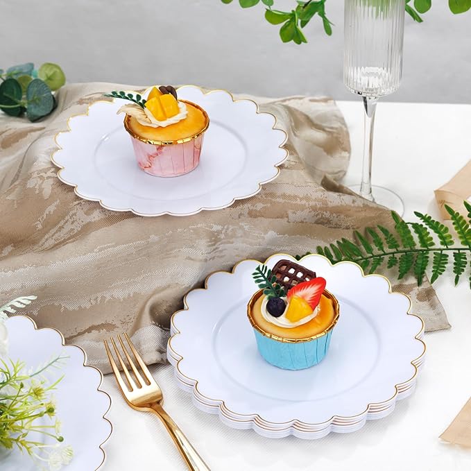 SUT 72Pcs Plastic Plates-7.5inch White Dessert Plates with Gold Trim, White Disposable Plates, Disposable Plates,Fancy Plastic Plates, Heavy Duty Plastic Plates for Parties