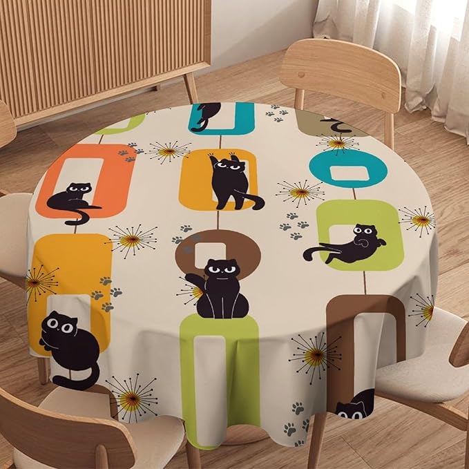 Bohemian Black Cat Round Tablecloth, Rustic Vintage Mid Century Geometric Tablecloth for Home Party Dining Room Kitchen Decor 50Inch(127cm)